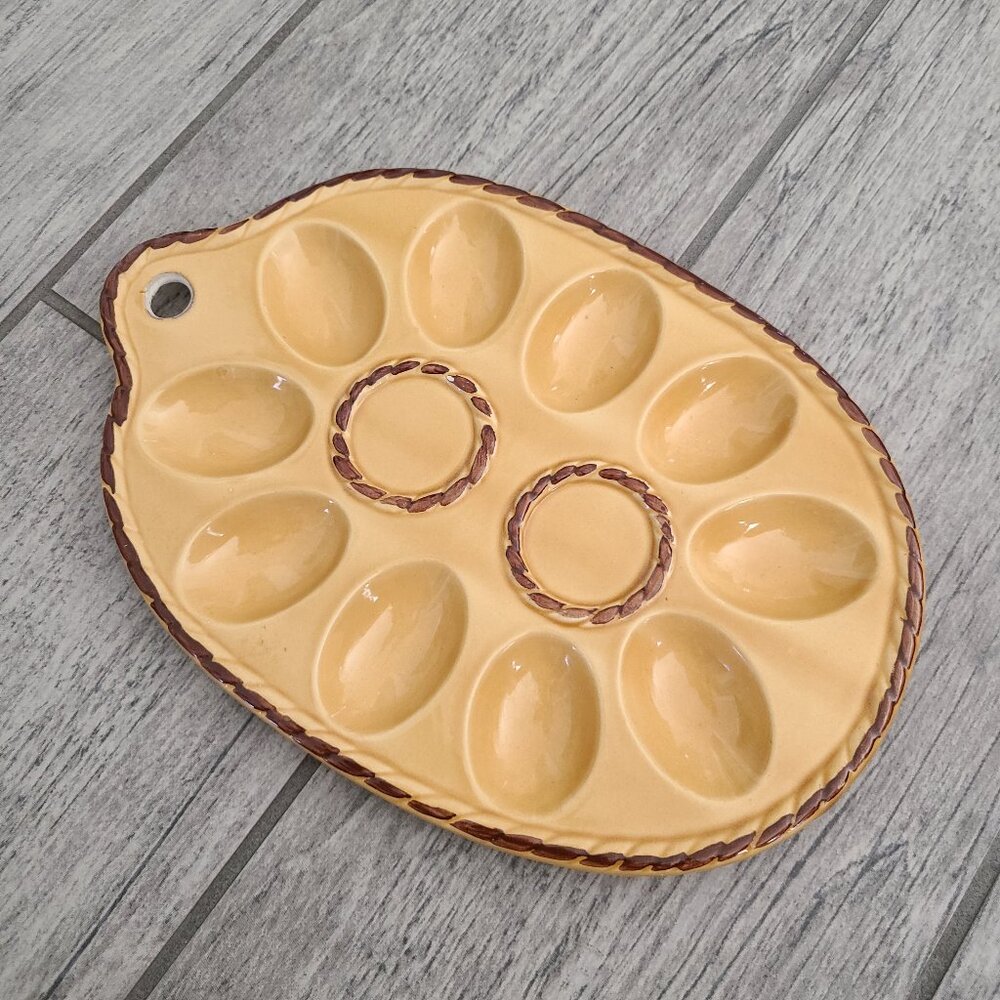Vintage Japan Deviled Egg Platter Yellow Brown Ceramic Serving Tray